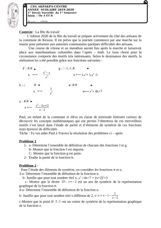 Première page de Mathématiques Tle A2, Tle B — 1er devoir surveillé, 1er semestre (2019-2020) · CEG 1 Akpakpa-Centre