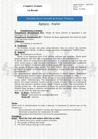 Première page de Devoir surveillé de ANGLAIS — 6e, 5e, 4e, 4e ML, 3e, 3e ML, 2nde B, 2nde D, 1ère A2, 1ère B, 1ère D, Tle A2, Tle B, Tle D — CPEG LA RECADE (2020)