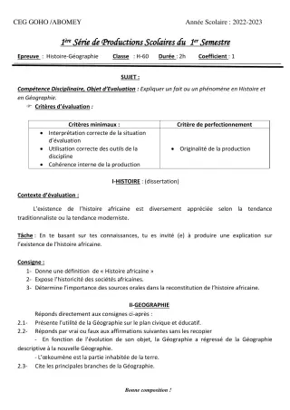 Première page de Histoire-Géographie 2nde D — 1re production scolaire, 1er semestre (2022-2023) · CEG GOHO