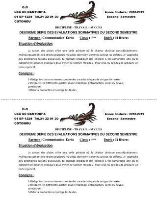 Première page de Français 4e ML&MC — 2e évaluation sommative, 2e semestre (2019-2020) · CEG Dantokpa