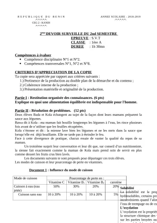 Première page de SVT 1ère A2 — 2e devoir surveillé, 2e semestre (2018-2019) · CEG 2 KANDI