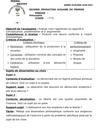 Première page de Philosophie 2nde A, 2nde D, 1ère A, Tle A, Tle D — 2e production scolaire, 1er semestre (2020-2021) · CEG Perma