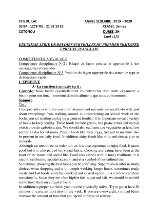 Première page de Anglais 3e, 3e ML — 2e devoir surveillé, 1er semestre (2019-2020) · CEG du Lac