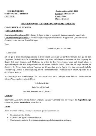 Première page de Allemand 3e — 1er devoir surveillé, 2e semestre (2021-2022) · CEG LE NOKOUE