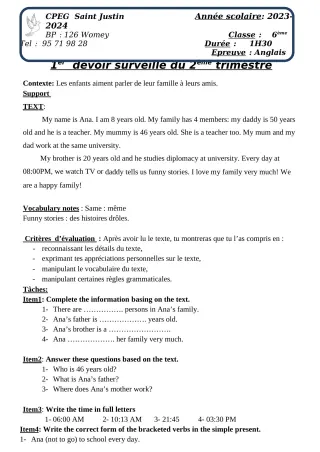 Première page de Anglais 6e — 1er devoir surveillé, 2e trimestre (2023-2024) · CPEG SAINT Justin