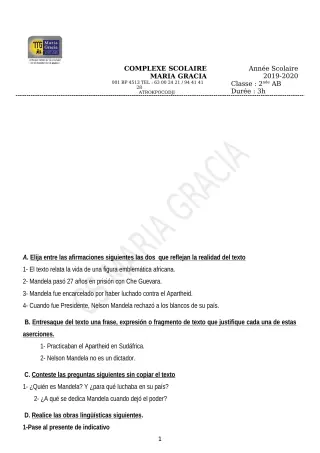 Première page de Devoir surveillé de ESPAGNOL — 2nde B — CPEG MARIA GRACIA (2019)