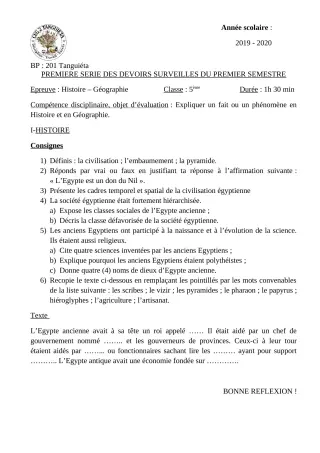 Première page de Histoire-Géographie 5e — 1er devoir surveillé, 1er semestre (2019-2020) · CEG2 TANGUIETA
