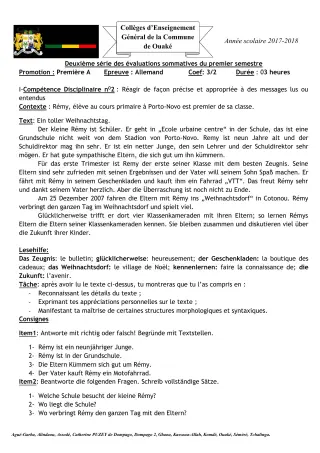 Première page de Allemand 1ère A1 — 2e évaluation sommative, 1er semestre (2017-2018) · CEG C.P de Dompago