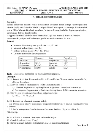 Première page de PCT 2nde D — 1er devoir surveillé, 2e semestre (2018-2019) · CEG Hubert C. MAGA