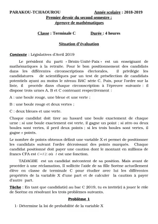 Première page de Mathématiques Tle C — 1er devoir surveillé, 2e semestre (2018-2019) · CEG Banikanni