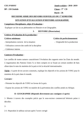 Première page de Histoire-Géographie Tle C, Tle D — 2e devoir surveillé, 1er semestre (2018-2019) · CEG PAHOU