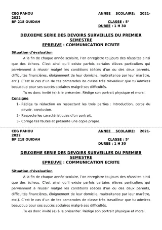 Première page de Français 5e — 2e devoir surveillé, 1er semestre (2021-2022) · CEG PAHOU