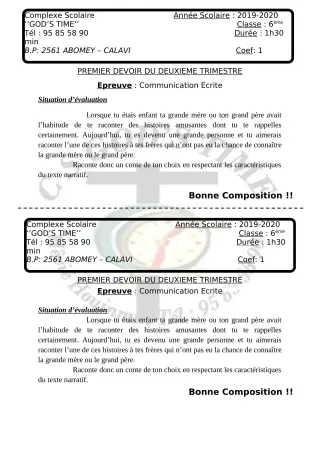 Première page de Français 6e — Composition, 2e trimestre (2019-2020) · CPEG GOD'S TIME