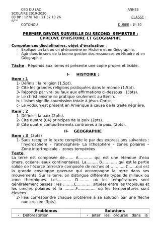 Première page de Histoire-Géographie 6e — 1er devoir surveillé, 2e semestre (2019-2020) · CEG du Lac