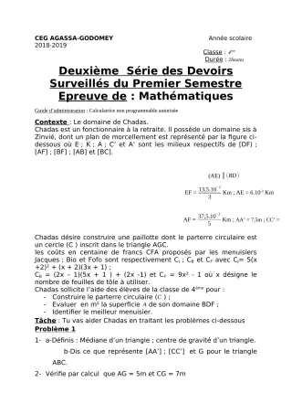 Première page de Mathématiques 4e — 2e devoir surveillé, 1er semestre (2018-2019) · CEG Agassa Godomey