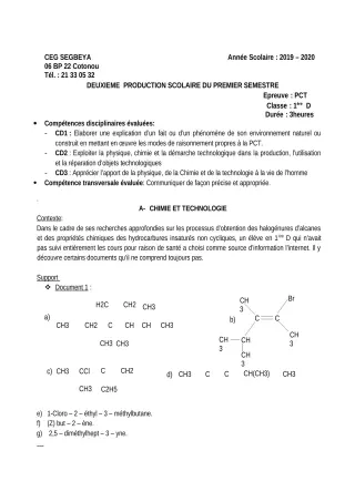 Première page de PCT 1ère D — 2e production scolaire, 1er semestre (2019-2020) · CEG SEGBEYA