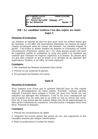 Première page de Français 4e, 4e ML — 2e devoir surveillé, 1er semestre (2018-2019) · CEG2 ABOMEY - CALAVI (CEG ZOCA)