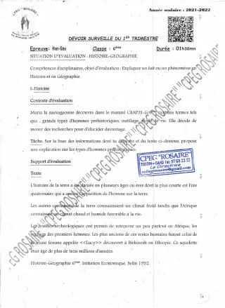 Première page de Histoire-Géographie 6e — Devoir surveillé (2021-2022) · CPEG ROSAIRE