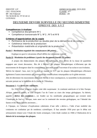 Première page de SVT 4e, 4e ML — 2e devoir surveillé, 2e semestre (2019-2020) · CEG FIYEGNON