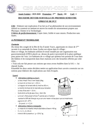 Première page de PCT 3e — 2e devoir surveillé, 1er semestre (2019-2020) · CEG ADJOVICODJI 'LES OLIVIERS'