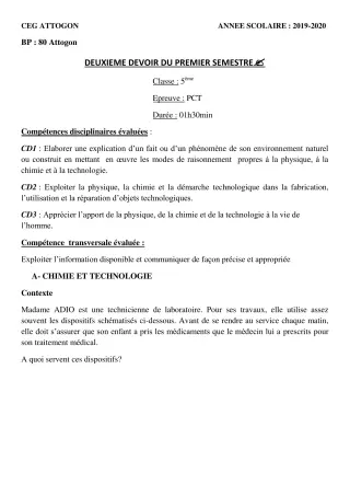 Première page de PCT 5e — 2e devoir surveillé, 1er semestre (2019-2020) · CEG Attogon