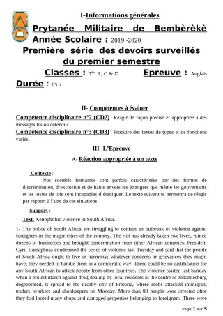Première page de Anglais Tle A1, Tle A2, Tle C, Tle D — 1er devoir surveillé, 1er semestre (2019-2020) · PMB