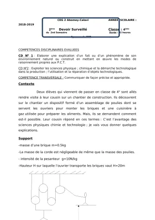 Première page de PCT 4e, 4e ML — Devoir surveillé, 2e semestre (2018-2019) · CEG2 ABOMEY - CALAVI (CEG ZOCA)