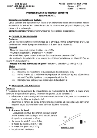 Première page de PCT 3e — 1er devoir surveillé, 1er semestre (2020-2021) · CEG du Lac