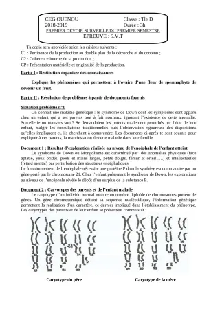 Première page de SVT Tle D — 1er devoir surveillé, 1er semestre (2018-2019) · ceg ouenou