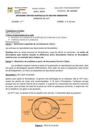 Première page de SVT 4e — 2e devoir surveillé, 2e semestre (2021-2022) · CEG SEKERE