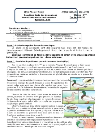 Première page de SVT 5e — 2e évaluation sommative, 2e semestre (2021-2022) · CEG2 ABOMEY - CALAVI (CEG ZOCA)