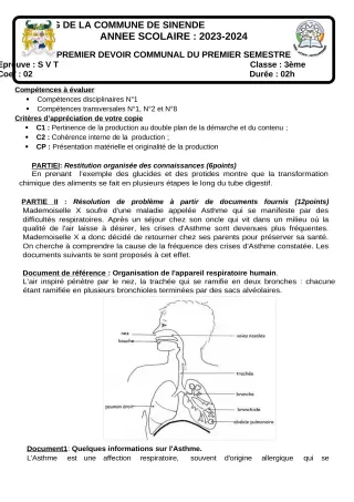 Première page de SVT 3e — 1er devoir surveillé, 1er semestre (2023-2024) · CEG SEKERE