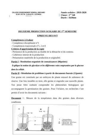 Première page de SVT 1ère A, 1ère B — 2e production scolaire, 1er semestre (2019-2020) · CEG GBEGAMEY