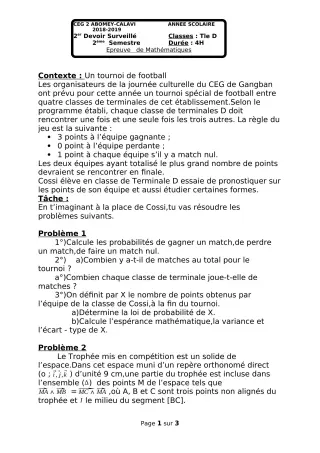Première page de Mathématiques Tle D — Devoir surveillé, 2e semestre (2018-2019) · CEG2 ABOMEY - CALAVI (CEG ZOCA)
