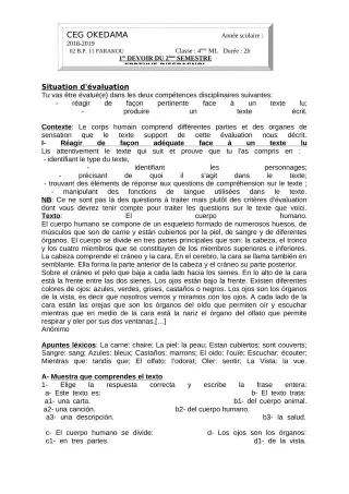 Première page de Espagnol 4e ML — 1er devoir surveillé, 2e semestre (2018-2019) · CEG OKEDAMA
