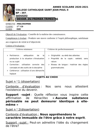 Première page de Philosophie 2nde A1, 2nde A2, 2nde C, 2nde D, 1ère A1, 1ère A2, 1ère C, 1ère D — Devoir surveillé, 1er trimestre (2020-2021) · CCJPII DJOUGOU