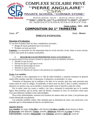 Première page de Espagnol 4e — Composition (2019-2020) · CPEG PIERRE ANGULAIRE