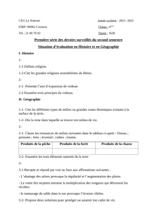 Première page de Histoire-Géographie 6e — 1er devoir surveillé, 2e semestre (2021-2022) · CEG LE NOKOUE