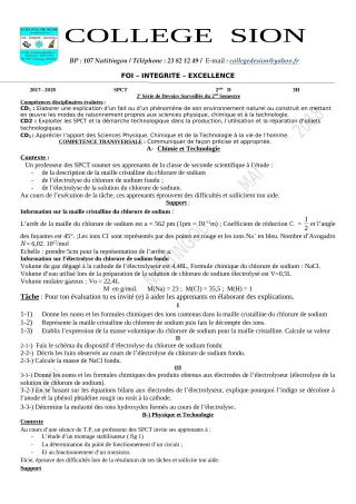 Première page de PCT 2nde D — 2e devoir surveillé, 2e semestre (2019-2020) · CEG PRIVE SION DES AD