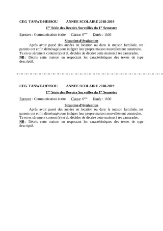 Première page de Français 6e — 1er devoir surveillé, 1er semestre (2018-2019) · CEG TANWE-HESSOU