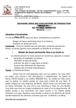 Première page de Espagnol 4e ML, 3e ML, 2nde A2, 2nde B, 1ère A2, 1ère B, Tle A2, Tle B — 2e évaluation sommative (2019-2020) · CEG Sainte Rita