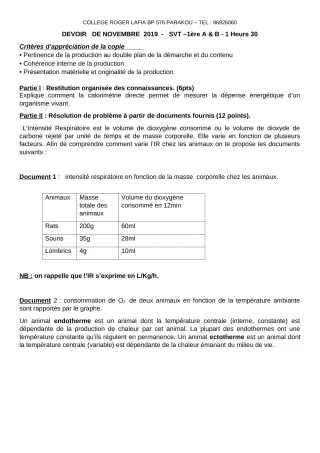 Première page de SVT 1ère A1, 1ère A2, 1ère B — Devoir surveillé (2019-2020) · CPEG Roger LAFIA