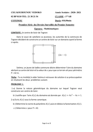 Première page de Mathématiques 1ère A1, 1ère A2, 1ère B — 1er devoir surveillé, 1er semestre (2020-2021) · CEG Kouhounou-Vêdoko
