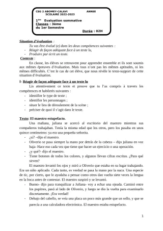 Première page de Espagnol 3e — 1re évaluation sommative, 1er semestre (2022-2023) · CEG2 ABOMEY - CALAVI (CEG ZOCA)