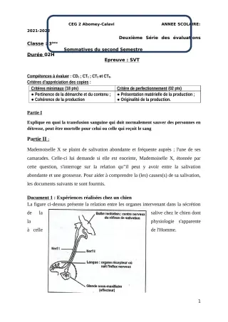 Première page de SVT 3e — 2e évaluation sommative, 2e semestre (2021-2022) · CEG2 ABOMEY - CALAVI (CEG ZOCA)
