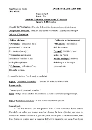 Première page de Philosophie Tle D — 2e évaluation sommative, 1er semestre (2019-2020) · CEG AYOU