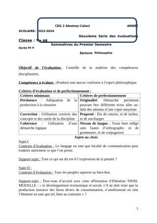 Première page de Philosophie Tle B — 2e évaluation sommative, 1er semestre (2023-2024) · CEG2 ABOMEY - CALAVI (CEG ZOCA)