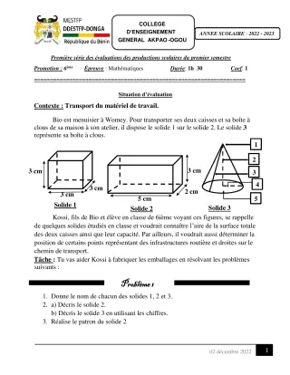 Première page de Mathématiques 6e — Production scolaire, 1er semestre (2022-2023) · CEG Akpao-Ogou