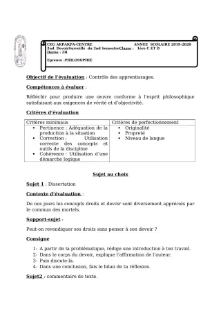 Première page de Philosophie 1ère C, 1ère D — 2e devoir surveillé, 2e semestre (2019-2020) · CEG 1 Akpakpa-Centre
