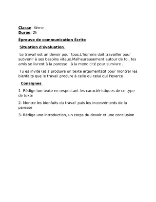 Première page de Français 4e — Devoir surveillé (2023-2024) · CEG Yagbe